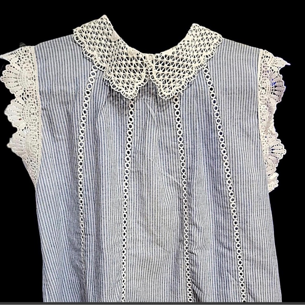 Blue White Striped Sleeveless Lace Collar Eyelet Boho Blouse Pearl zip Xl